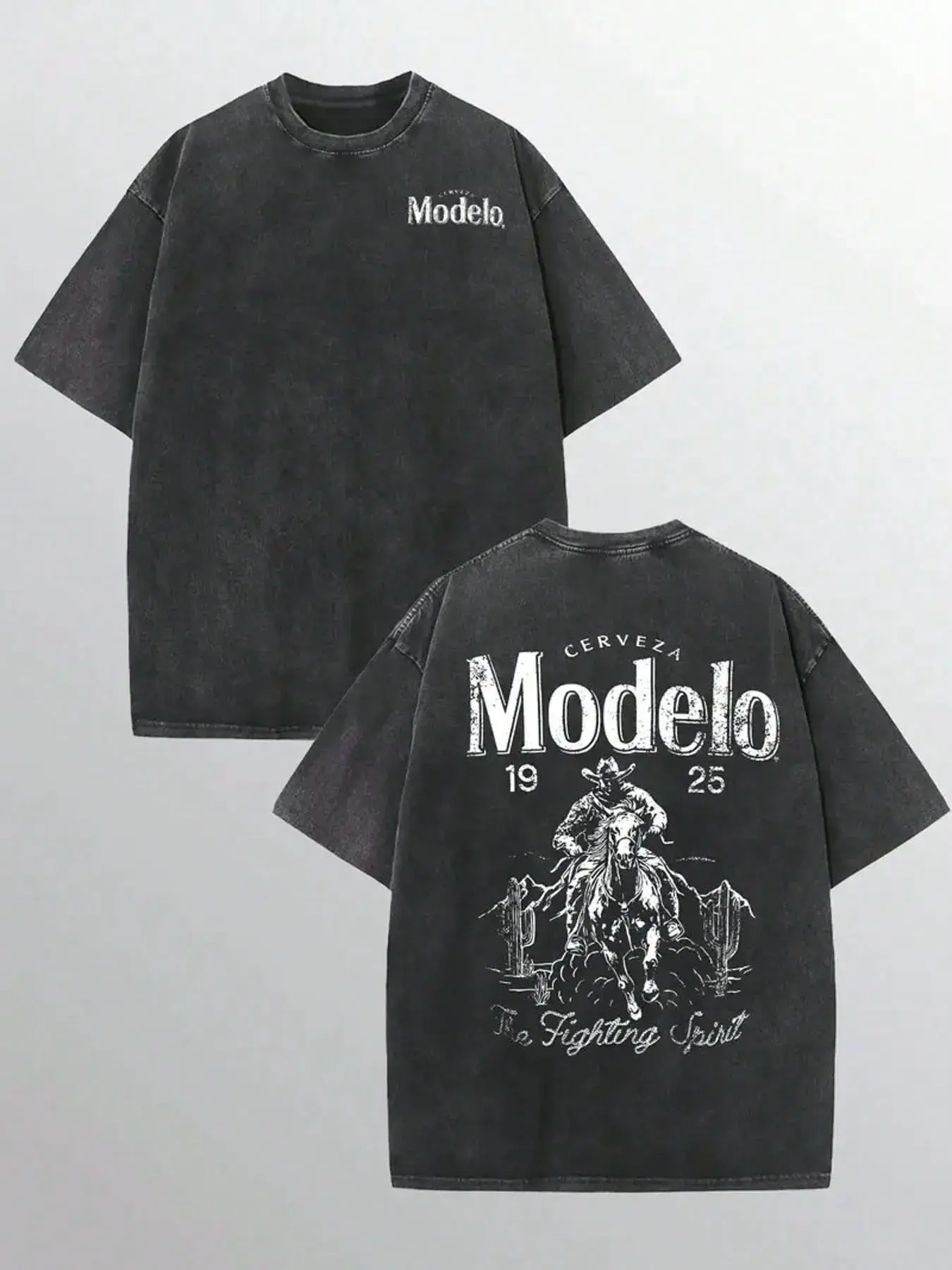 Vintage Modelo Cerveza Cowboy T-Shirt, The Fighting Spirit Washed Black Cotton Oversized Tee, Retro Beer Brand Western Graphic Casual Crewneck Shirt with Front & Back Print