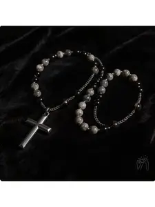 Easter Natural Obsidian Yooperlite Rosary Necklace UV Reactive Protection Necklace Hematite Stone Cross Pendant Necklace Gift for her, gift for him