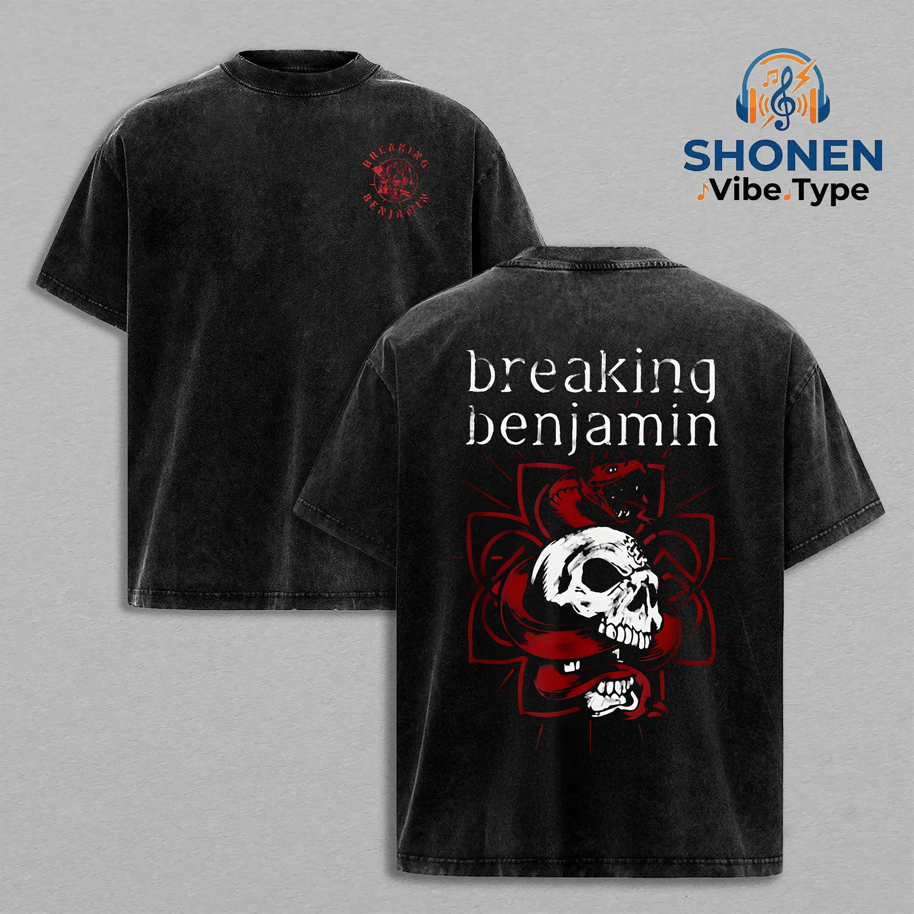 Breaking Benjamin Skull Snake Graphic Tee, Vintage Stone Wash Vintage Washed Acid Wash Oversized Heavyweight Cotton T-Shirt, Streetwear for Men, Band Merch Rock Tour Gift For Fan