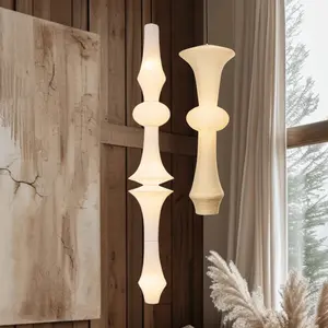 Nogy Large Off-White Paper Pendant Lamp - 15" x 56" - Modern Japandi Boho Living Room Pendant Light - 3 Bulbs (3000K)