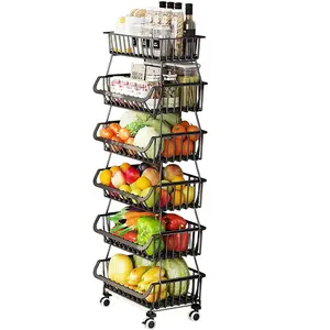 Fruit and Vegetable Storage Basket with Wheels, 6-Layer Stackable Wire Storage Basket with Wheels, Kitchen Shelf Storage Cart, Food Storage Pantry Snack Cart Basket (Black 6-Layer)