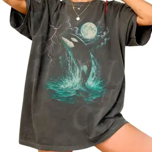 Orca Midnight Vintage Style Comfort Colors Shirt, Retro Ocean Orca Shirt, Moonlight Ocean Lightning Tee, 90s Marine Life Graphic Top