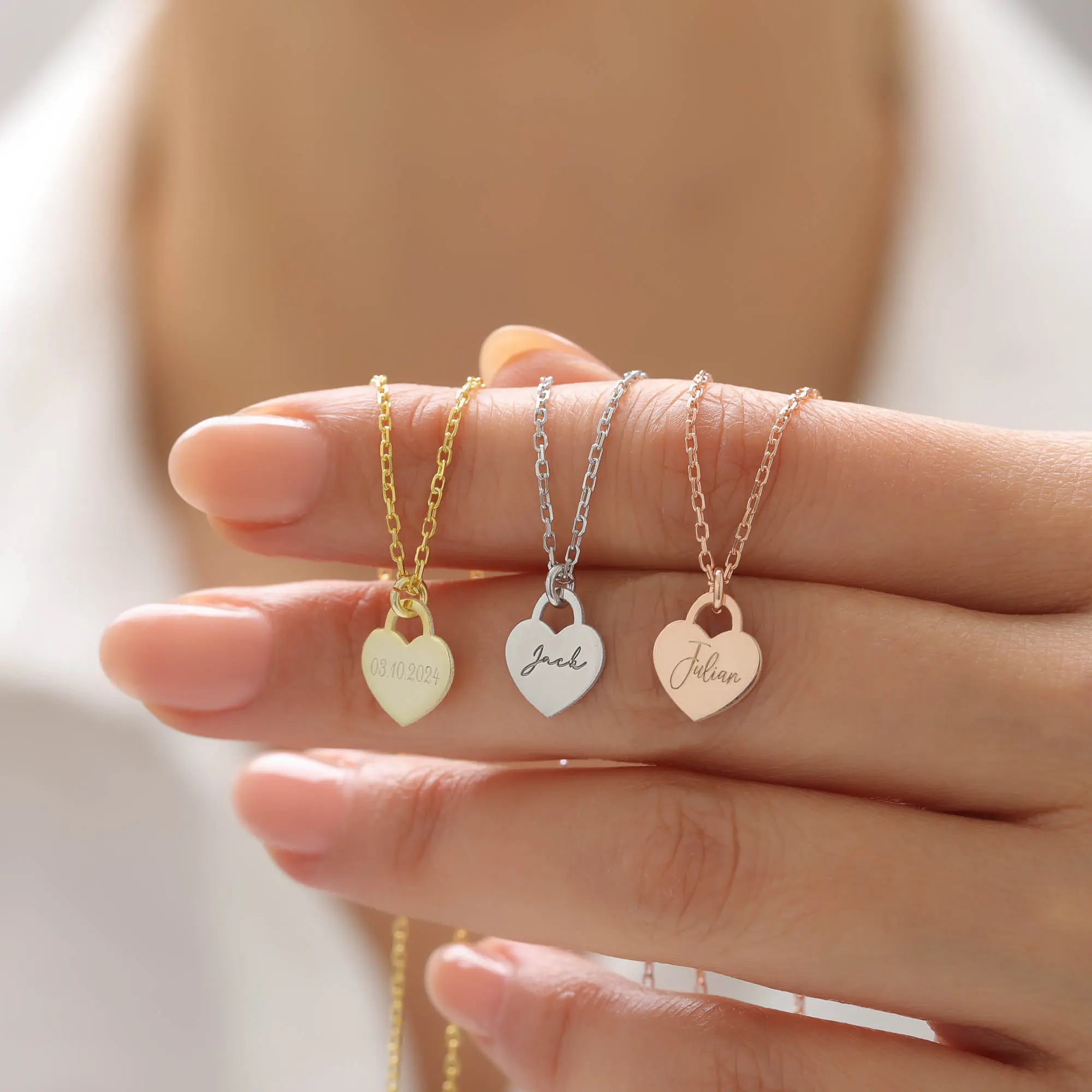 Gold Custom Engraved Heart Name Necklace, Silver Custom Initial Pendant, Rose Gold Name Date Jewelry, Personalized Gift