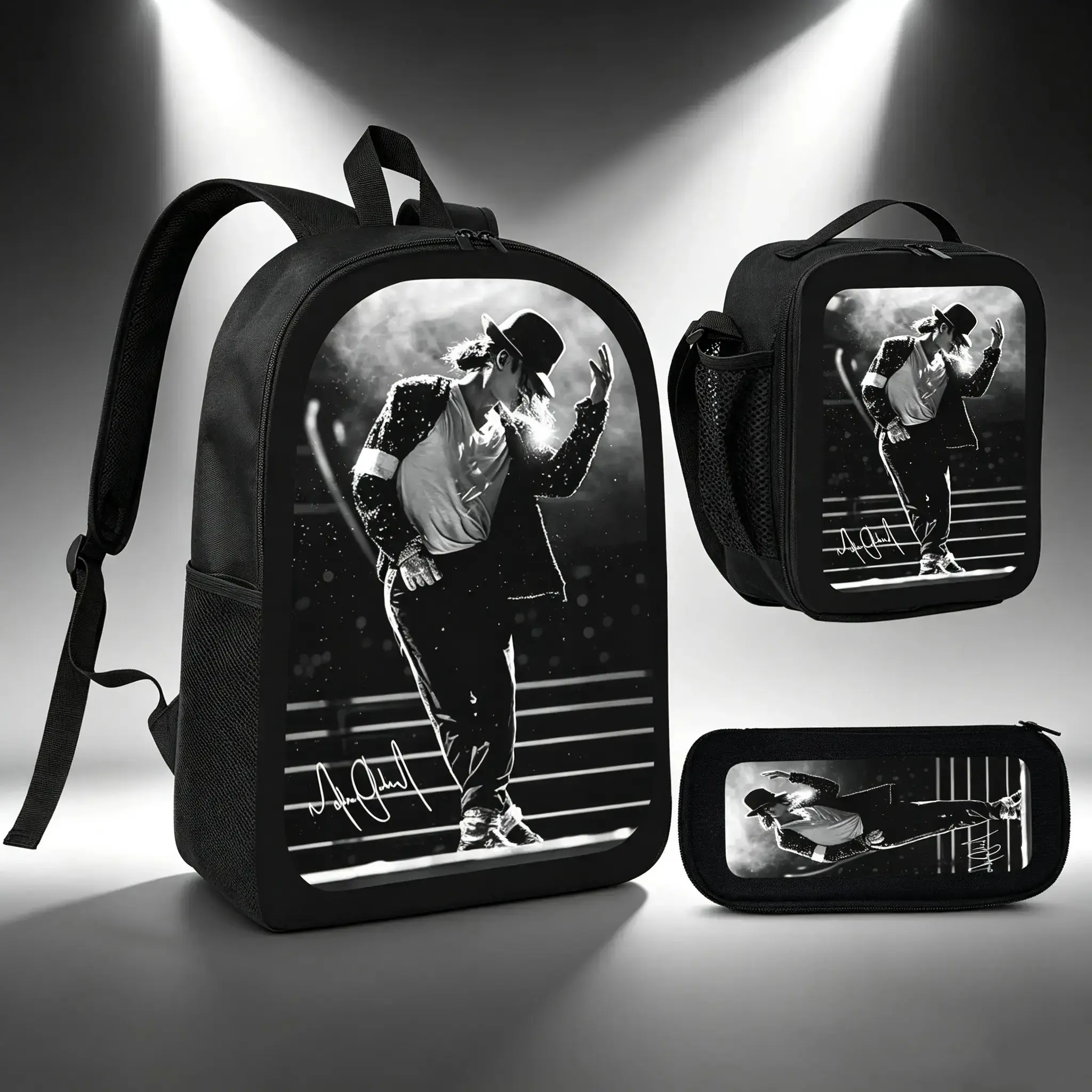 3-Pcs MJ Iconic Pop Music Theme Backpack Set Pack, Lightweight Travel Backpack with Lunch Bag & Pencil Case, TikTok Viral Dance Style Fan Gift, Compact, Travel Set, Dance Fan