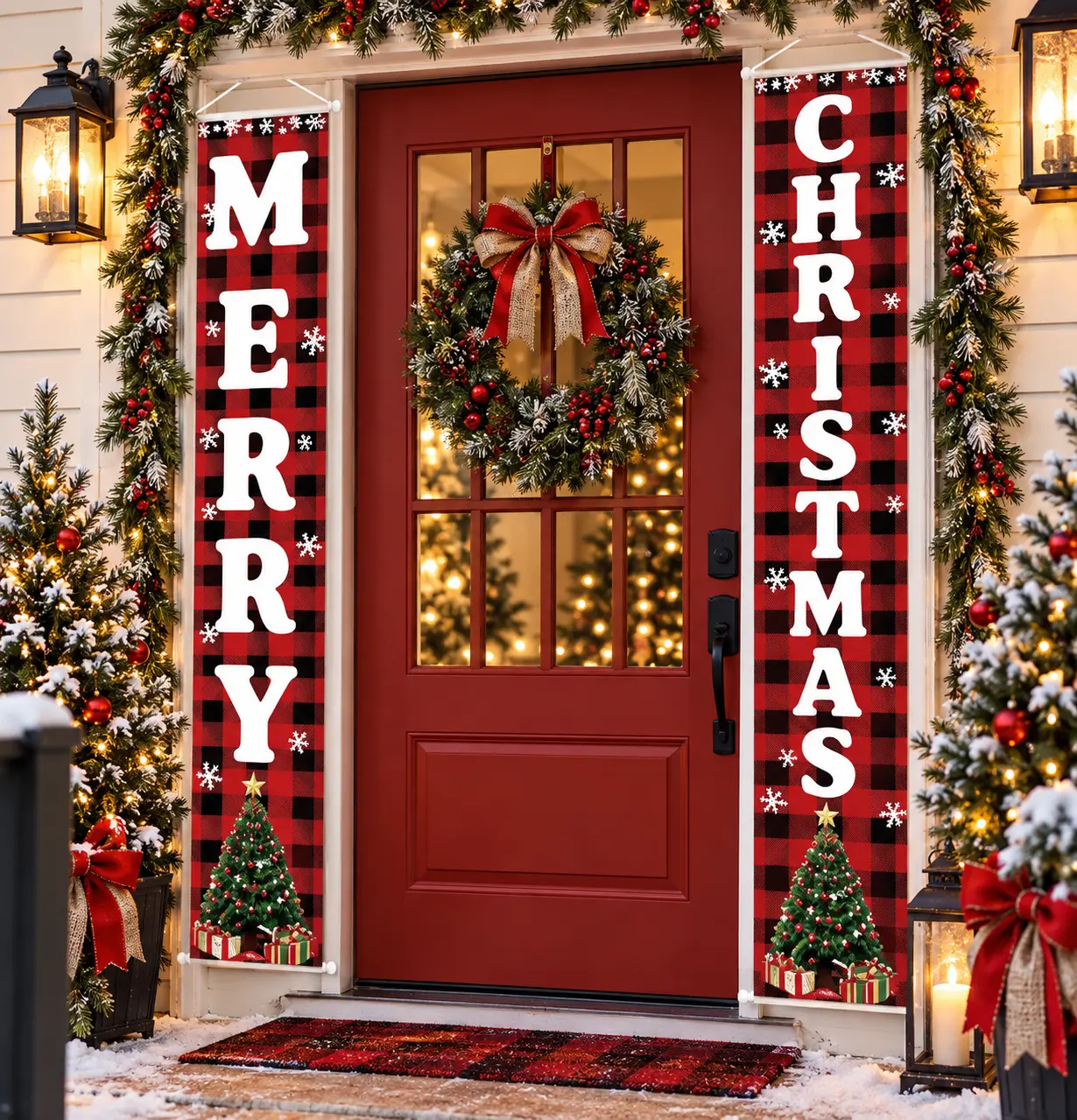 2-Pack Buffalo Plaid Christmas Outdoor Banner Set, Festive Home Party Backdrop Decoration