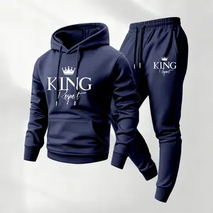 Men's King Printed Hoodie and Drawstring Sweatpants Set, Menswear, Casual Athletic Long Sleeve Hooded Jacket & Trousers for Fall & Winter, Men's Clothing for Daily Wear, Sportswear Indoor Outdoor, Tracksuit, Athleisure Summer Clothes