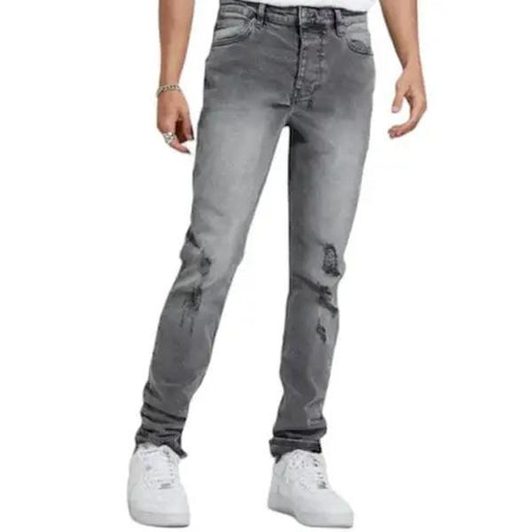 Ksubi Chitch Prodigy Trashed Denim Mid Rise Slim Fit Jean with Smokey Grey Wash Knee Trashing 4x4 Embroidery 99% Cotton 1% Elastane Below The Ankle