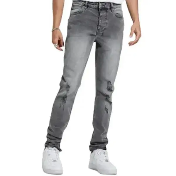 Ksubi Chitch Prodigy Trashed Denim Mid Rise Slim Fit Jean with Smokey Grey Wash Knee Trashing 4x4 Embroidery 99% Cotton 1% Elastane Below The Ankle