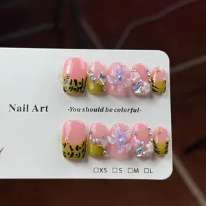 10pcs high-end Sweet and cool style, cream green leopard print, hand-painted three-dimensional carvings, shiny pile diamonds, Nail Art Design