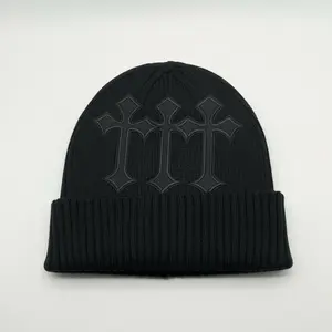 Black Ribbed Beanie with Embossed Cross Design for Men and Women