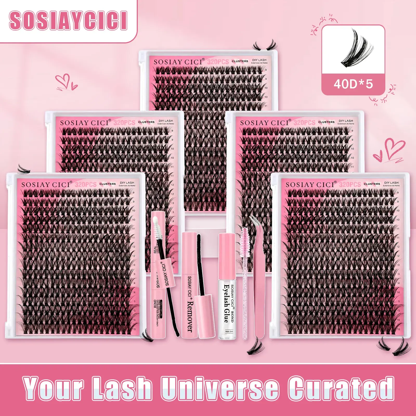 DIY Lash Extension Kit - 320 Fluffy 40D Eyelash Clusters, All-in-1 Cosmetic Toolkit with Gentle Adhesive, Sealant, Remover, Tweezers, Lash Brush - Salon-Quality At-Home Eyelashes Extensions for Beauty Enthusiasts tiktokshopspringglowup, Lash Cluster, Make