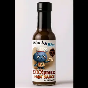 Black Blue Exxxpresso Hot Sauce made with blueberries, expresso, and black garlic gourmet