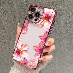 Four Corner Anti-Fall Blossoming Hibiscus Grace Pattern Phone Case for iPhone 17 Pro Max Plus Air/ 16 Pro Max 15 Plus 14 13 12 11  Shockproof Transparent Electroplated Protective Cover