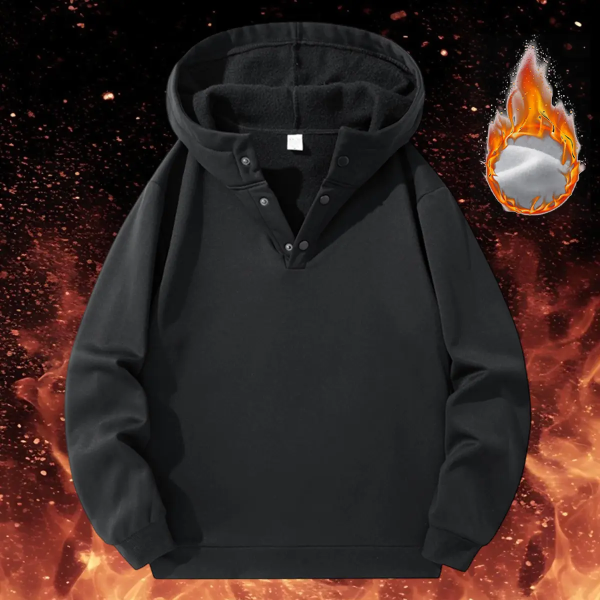 Men's Minimalist Pullover Hoodie - Plain Cotton Fleece-Lined Longsleeves Top with Snap Buttons, Wrinkle-Free for Travel, Menswear Clothing