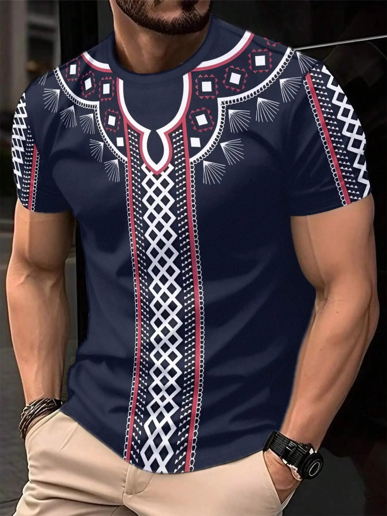 Men's Navy African Dashiki Tribal Geometric Print T-Shirt, Ethnic Trim Round Neck Short Sleeve, Casual Streetwear Top