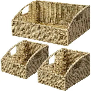 Rattan Storage Baskets, Handwoven Wicker Storage Bins with Built-in Handles, Storage Container Baskets for Shelves, Bedroom, Bathroom, Laundry Room or Kitchen(Green)