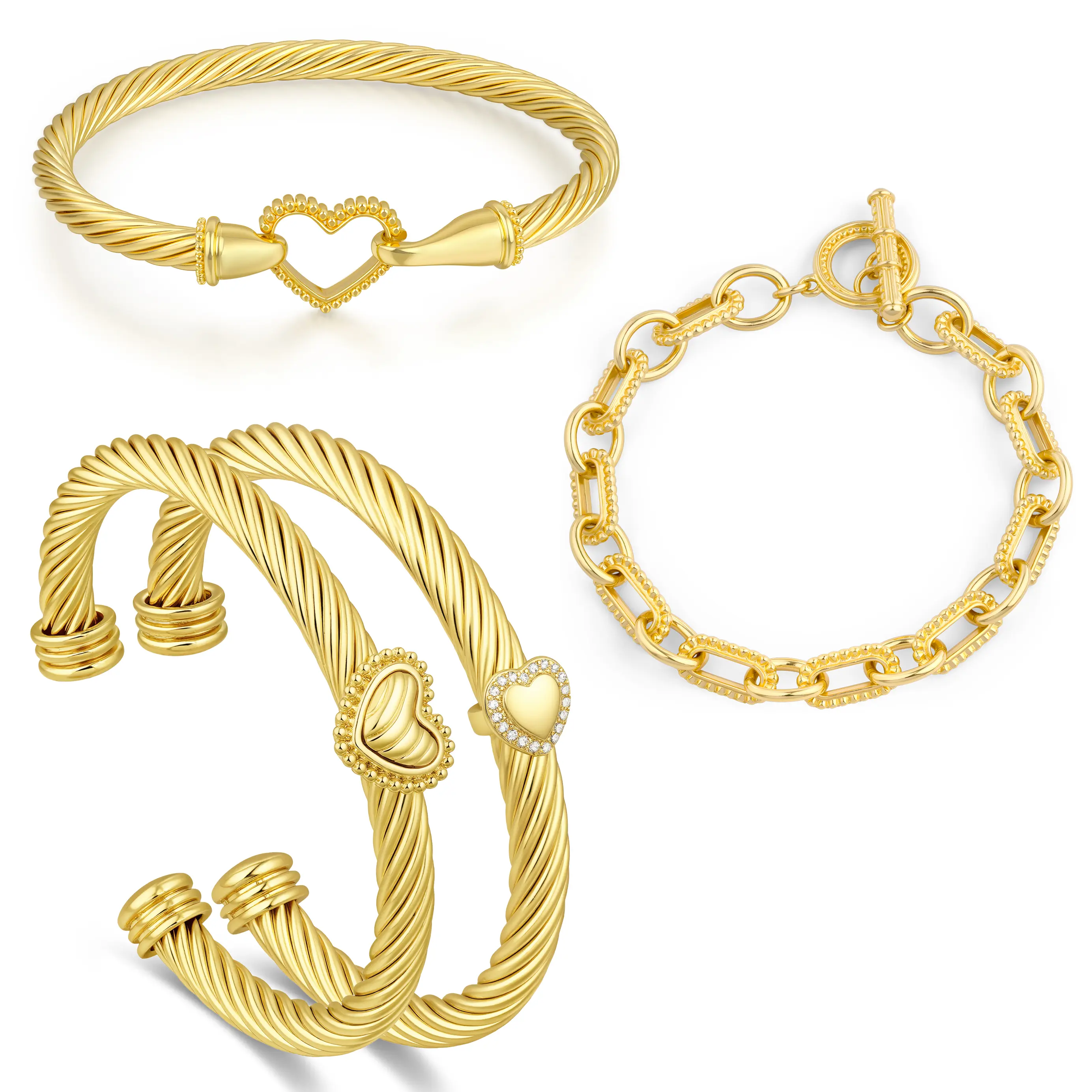 Aprilery Golden Heart Motif Jewelry Set – Twisted & Chain Bracelets with Romantic Details
