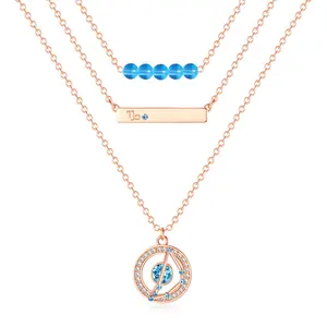 Dainty Layered Zodiac Necklaces for Women 18K Rose Gold Plated Bead Bar Y Pendant Multilayer Necklace Birthstone Crystals Horoscope Layering Minimalist Jewelry Birthday Gifts for Wife Mom Girls