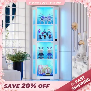 MIIFUNY 65" Corner Glass Display Cabinet with LED Lights, 4-Tier Showcase Display Case with Glass Doors & Human Body Sensor, Curio Cabinet for Collectibles, Figure, Liquor, White