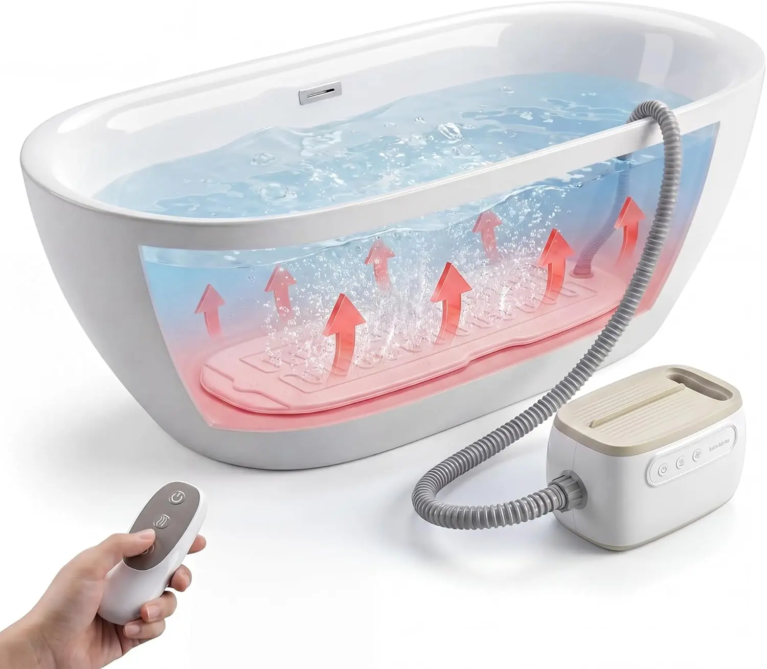 Heated Bubble Bath Mat - Portable Jacuzzi Spa at Home - Massager with 3 Levels and Remote Control - 65°C Thermal Air Technology - 26 High-Power Suction Cups - Foldable Portable Bathtub Mat