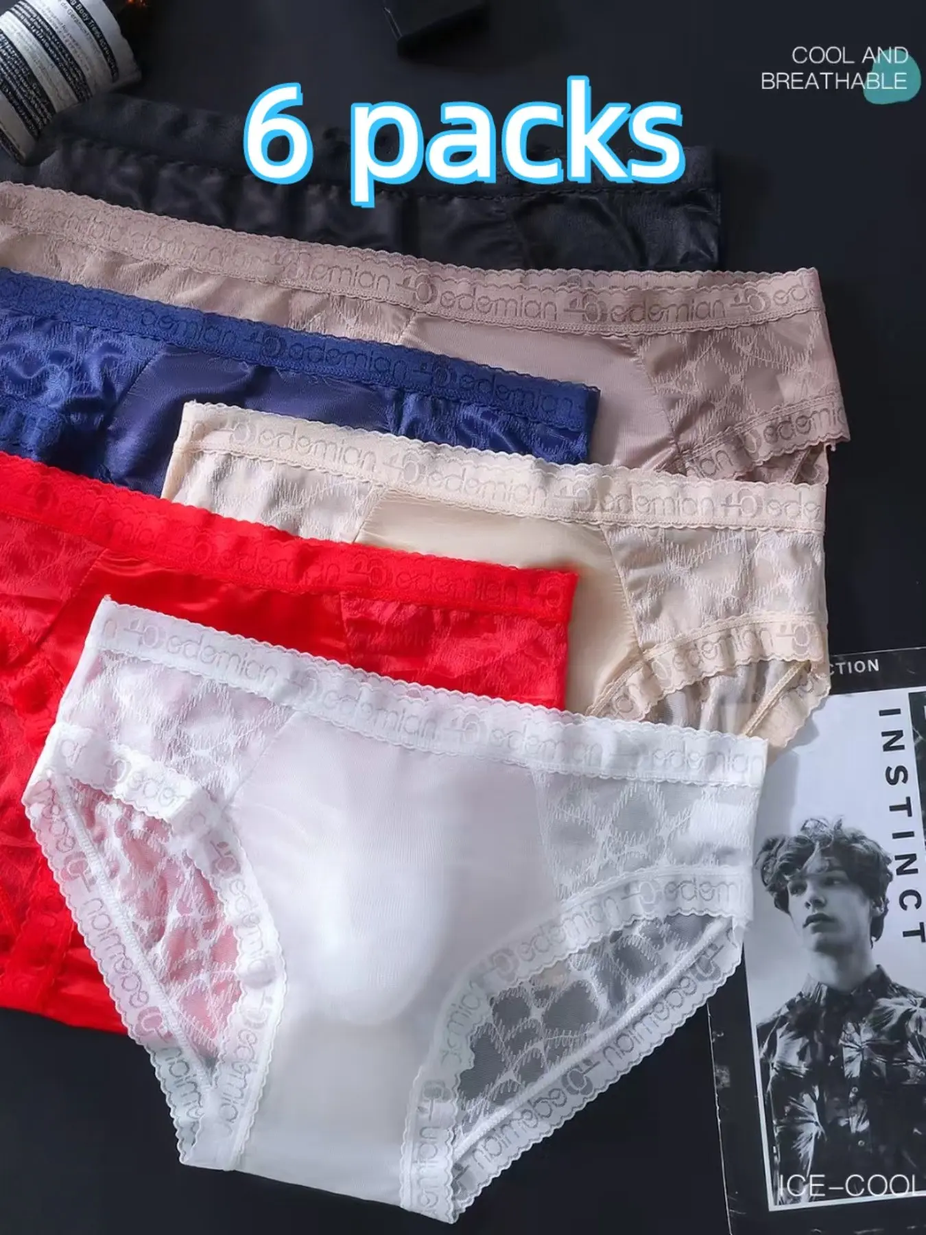 Men's Mesh Lace Triangle Underwear 6 Pcs Set, Underwear Boxer Briefs, Multi-Color Semi-Sheer Design, Breathable Comfy Underwear, All Seasons Casual Boyshorts