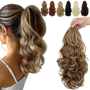 15" Ponytail Extension Drawstring Curly Wavy Ponytail Extensions Clip in Long Pony Tails Hair Cute Synthetic  for Women Light Brown Mix Ash Blonde