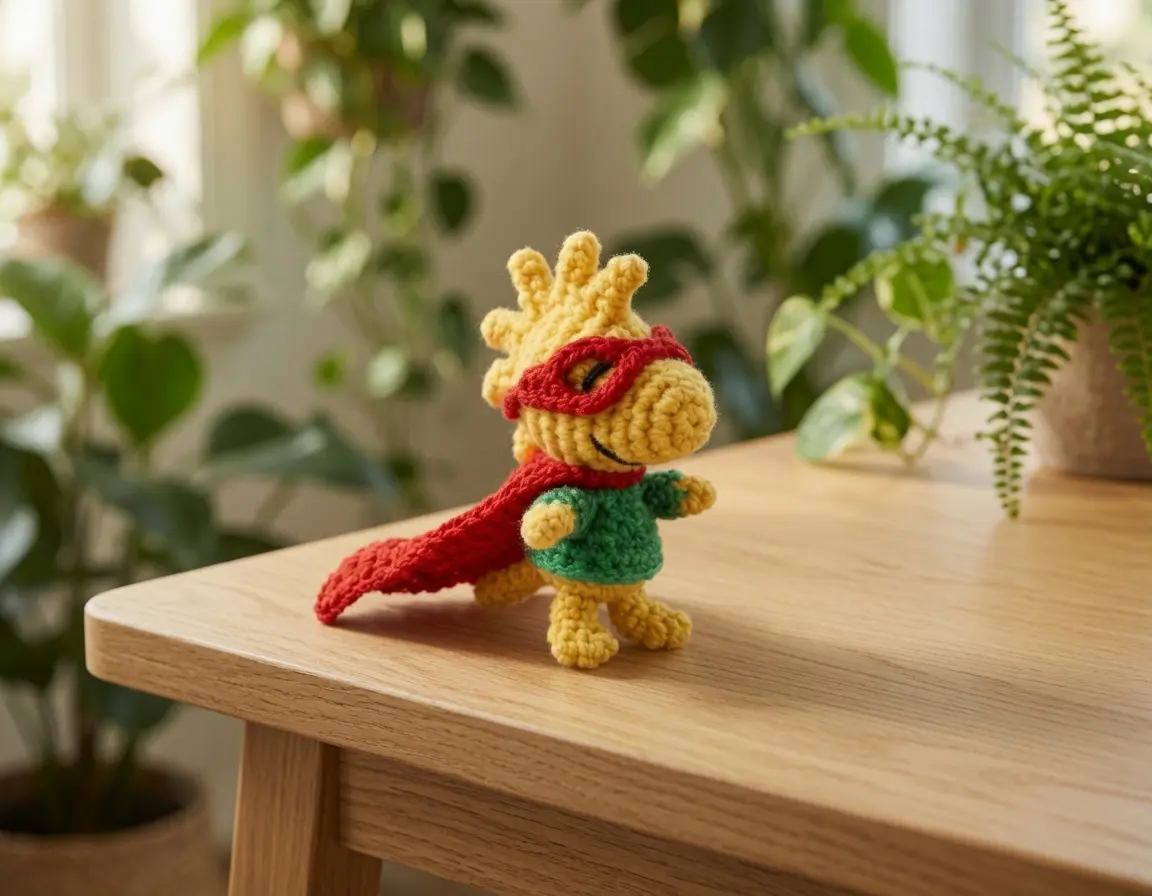 Handmade Crochet Superhero Dinosaur | Mini Amigurumi Dino Plush Toy | Cute Crochet Keychain Gift for Kids & Dinosaur Lovers