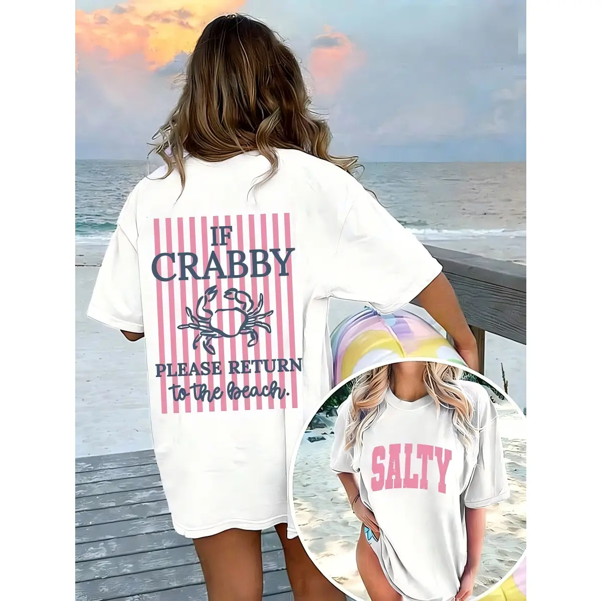 Women's Oversized Baggy Loose Crewneck Short Sleeve Graphic Tee - Cloud-Soft Casual Streetwear, Salty Front & Crab Back Print, Beach Vacation Summer Outfit, Cotton, Round Neck, Top, Tshirt