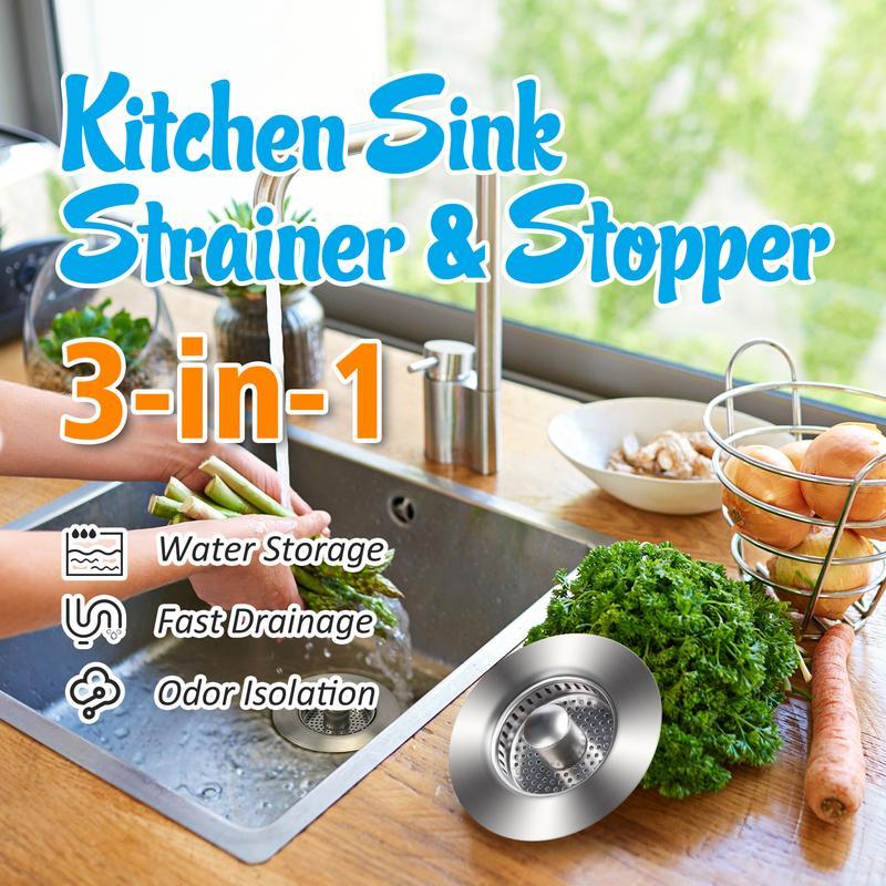 Multi-Functional Stainless Steel Sink Drain Strainer, 3-in-1 Pop-Up Basket and Stopper Combo, Anti-Clogging and Deodorizing, Compatible with US Standard 3-1/2 Inch Drain Pipes for Kitchen Use