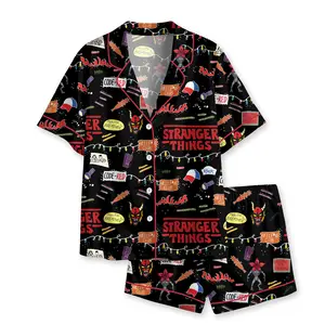 Stranger Things Sleepwear Set Two-Piece Lapel Button Top and Shorts, Women's Casual Home Wear, Comfortable Party