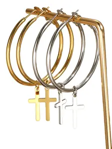 Trendy Gothic Cross Dangle Earrings｜Non-Tarnish 18k Plated Stainless Steel Hoop Shape Gothic Cross Theme Ear Dangles