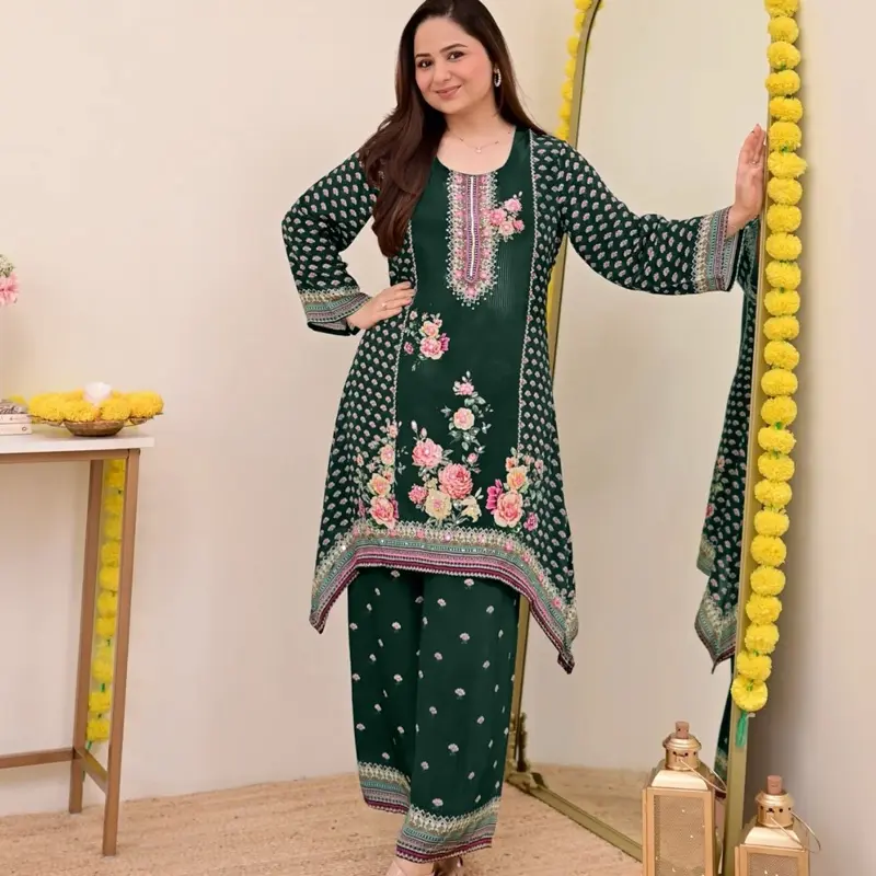 2PCS CO-ORD SET size L/40 in green color very Soft fabric DIGITAL PRINTED HANDWORK CREPE