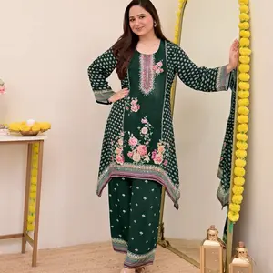2PCS CO-ORD SET size L/40 in green color very Soft fabric DIGITAL PRINTED HANDWORK CREPE