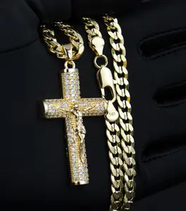 14K Gold Concave Jesus Christ Chain Necklace with Gold Concave Cross Pendant, 24in Unisex Costume Jewelry, Symbol of Faith and Protection, Meaningful Spiritual Gift