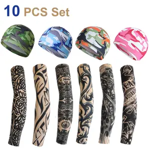Super Value 10 PCS Set 4 PCS Camouflage Beanie Skull Caps  + 6 PCS Temporary Tattoo Ice Silk Arm Sleeves Sun Protection Breathable Quick Dry Helmet Liner Caps and Cool Arm Sleeves for Men Women Summer Essential Accessories
