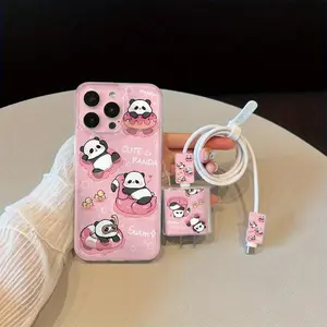 Cute Cartoon Bear Pattern Phone Case with Charger Head Cover & Cable Protector & Storage Rope, Anti-drop Phone Case for iPhone, Casing