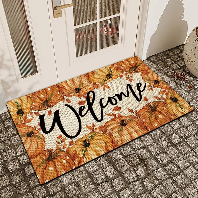 1Pc Pumpkin Watercolor Painting Welcome Diatom Mud Anti Slip And Water Absorbing Entrance Door Mat Indoor And Outdoor Door Mat Kitchen Dining Room Bathroom Decor Holiday Home Decor