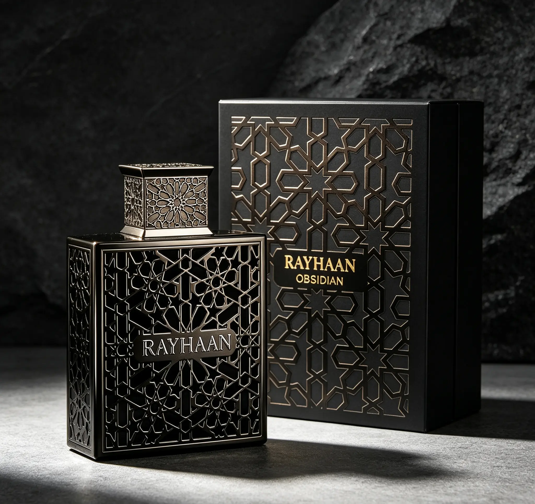 Rayhaan Obsidian Men’s Eau de Parfum Spray, Woody Spicy Amber Masculine Long‑Lasting Fragrance for Day & Evening Wear, 3.4 Oz / 100 ml