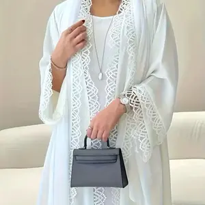 Women's Islamic White Lace Elegant Hijab & Abaya Set, Modest Fashion Tunic