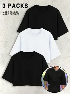 Men's Solid Color Crop Tee, Casual Comfy Loose Short Sleeve Round Neck T-shirt for Daily Wear, Men's Top for All Seasons, Tropical, Menswear