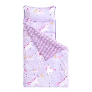 - Toddler Nap Mat with Pillow and Minky Fleece Blanket, for Kids Girls in Daycare Preschool Kindergarten, Roll Up Sleeping Bag, Colorful Unicorn, Purple, Standard