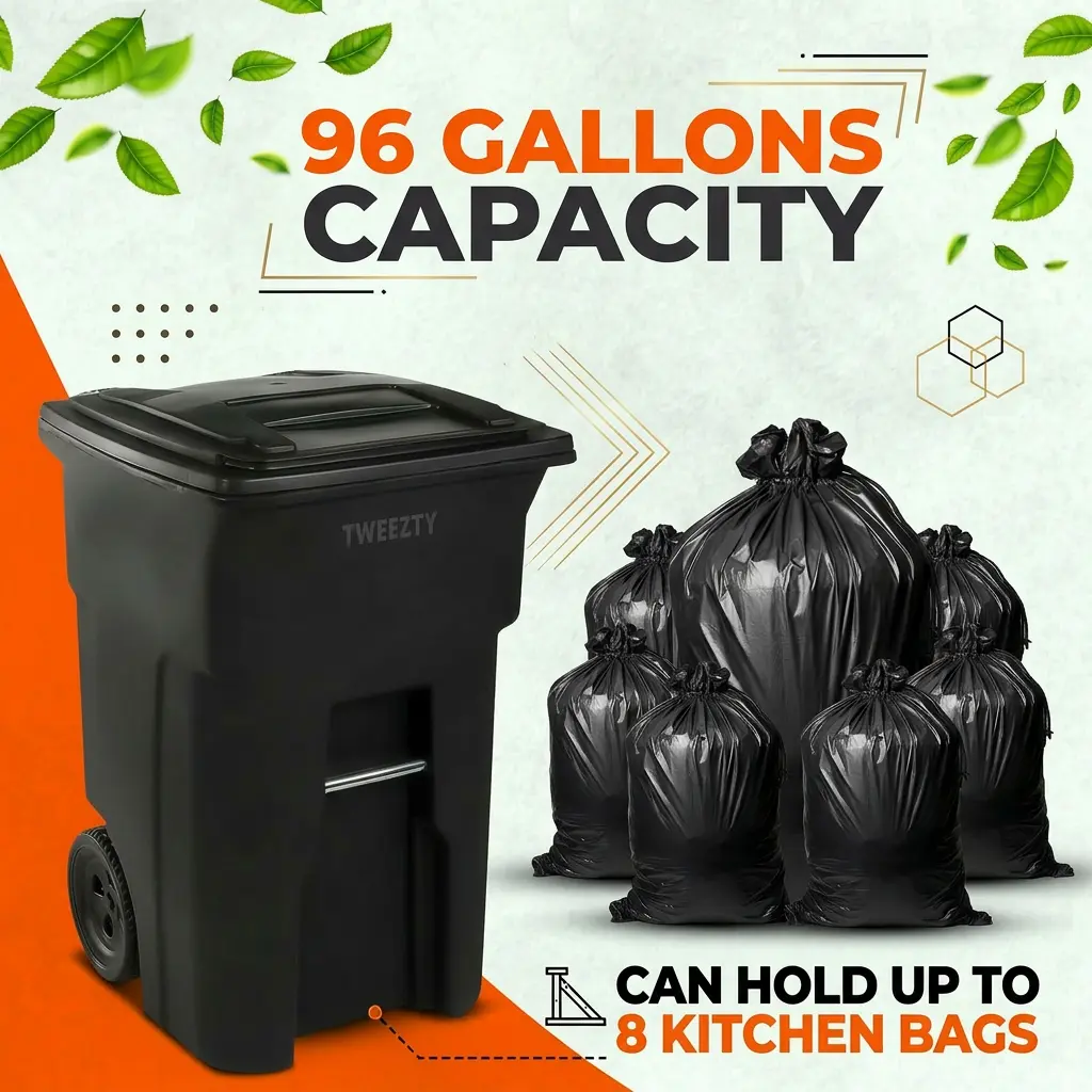 96 Gal Rolling Trash Can with Wheels & Swing Top Lid - Durable Outdoor Household Bin for Home, Garage Waste Container