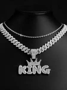 Street Hip Hop Crown Set, King Letter Pendant & Iced Out Bling Cubic Link Necklaces, Unisex Jewelry for Daily Wear