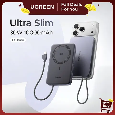 UGREEN Magflow Air Qi2 Magnetic Mobile Battery Power Bank - 10000mAh (15W Wireless+30W USB-C Cable)/ 5000mAh (15W Wireless+20W USB-C ), Chargeable 30W/20W Fast Output,, MagSafe-Fit Ultra Slim, for  iPhone 18 Pro/17/16/15/14 Pro Max