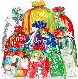 Christmas Drawstring Gift Bags Assorted Sizes Small Medium Large Jumbo Durable Material Festive Design for Holiday Essentials