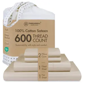 Threadmill 100% Cotton Sheets- 600 Thread Count Full Bed Sheets Set with 16” Deep Pocket - Jacquard Sateen Weave 4-Piece Bedding Set with Cooling Effect