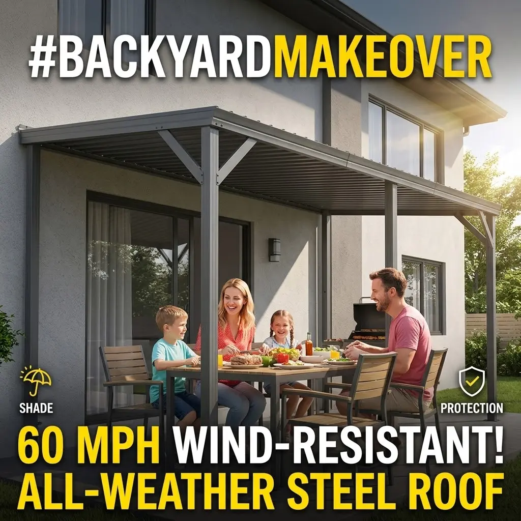 12x16 Hardtop Lean to Gazebo Wall Mounted Pergola Steel Roof with Gutters 60MPH Wind Resistance Large Metal Canopy for Patio Deck Backyard Makeover Outdoor Living Space Modern Grey Weatherproof Sun Shade Permanent Shelter