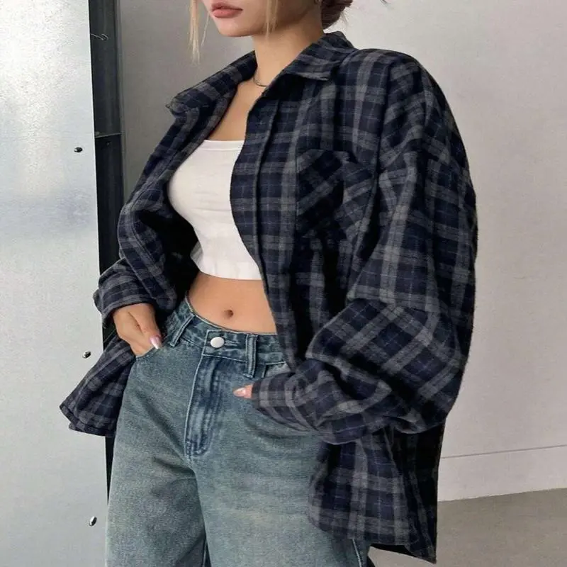 NewWomen's Loose Plaid Street Casual School Uniform Shirt,Flannels Women Long Sleeve Blouses Fabric Top Can be used with a raincoat