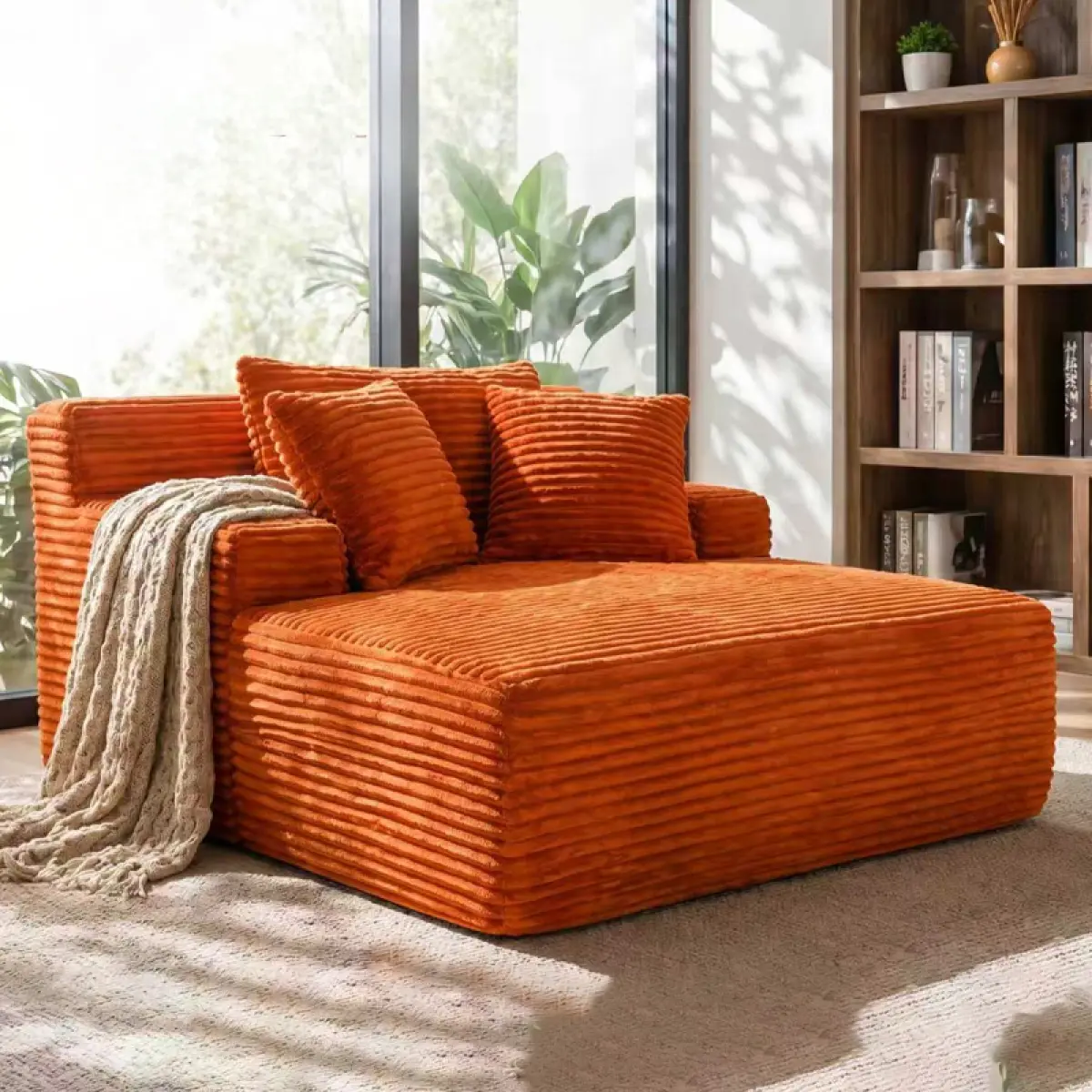 66" Chaise Lounge Chair Indoor, Oversized Chaise Lounge Chair Boneless Sofa Couch Bed Cloud Reading Chair, Luxury Faux Fur sleeper chair, Deep Seat Sleeper Couch Chair with 3 Pilows, No Assembly Required, Orange