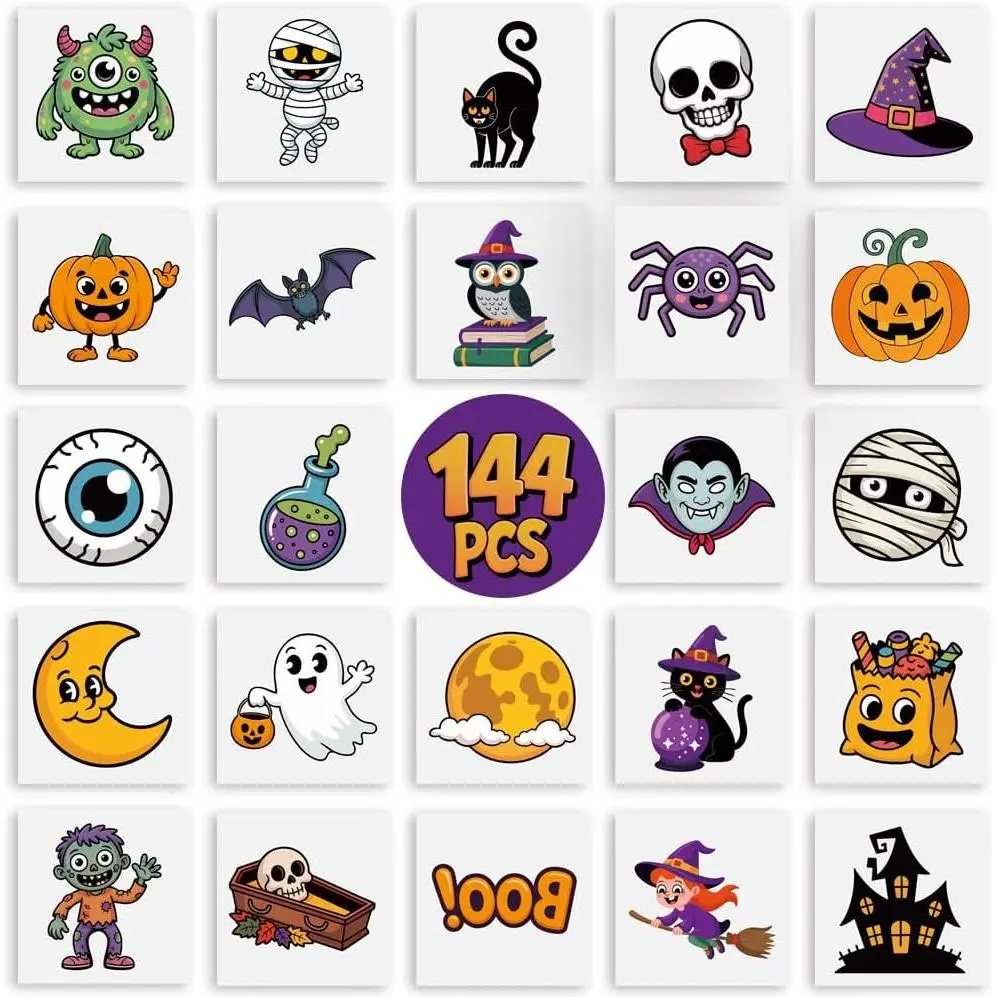 144 Pcs Cartoon Body Art Stickers for Youth, 24 Assorted Designs, Skin-Friendly Washable Decals for Halloween Goodie Bags & Gifts, Party, Child-Friendly Designs